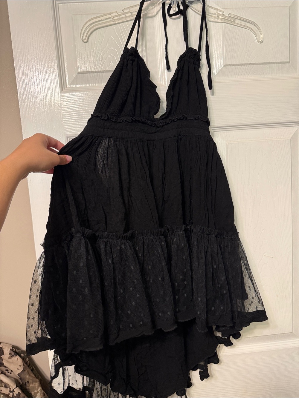 Source Unknown Black Halter Ruffle Polka Dot Layered Mini Dress